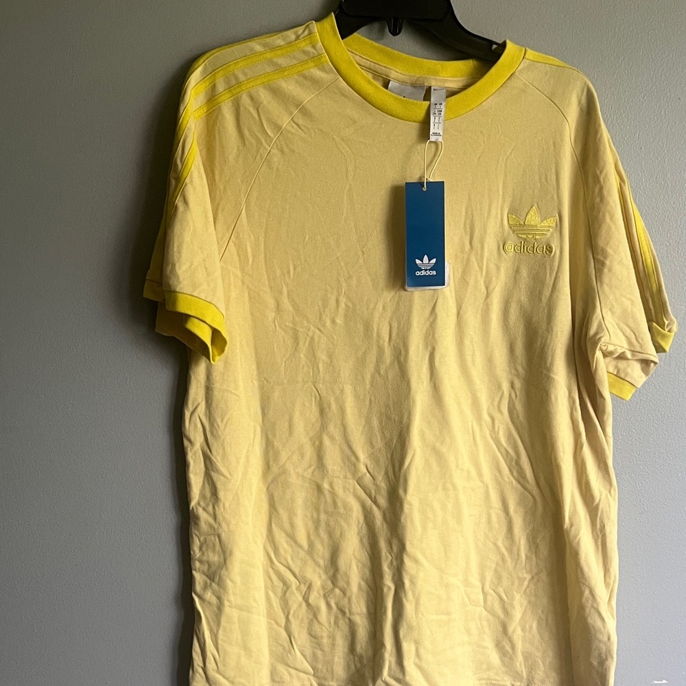 adidas Yellow Trefoil Short Sleeve Tee with Stripe Accents